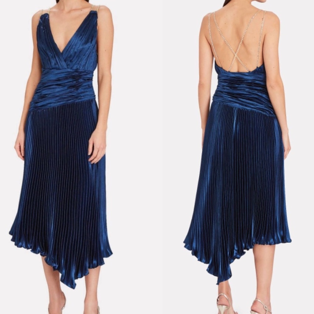 NWT AiiFOS April Pleated Navy Dress Chainlink Shoulder Straps Size 8